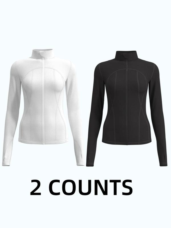 Women's Solid Zip Up Thumb Hole Sports Jacket, Long Sleeve Stand Collar Outerwear for Yoga Gym Workout, Ladies Sportswear for All Seasons