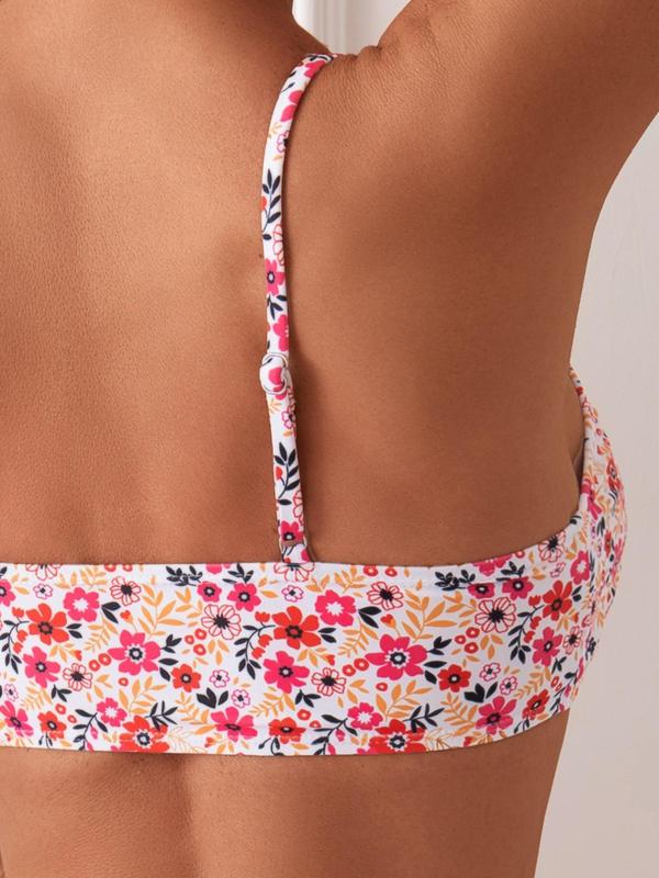 Women's Ditsy Floral Print Ruched Bikini Set, Adjustable Strap Swim Top & High Cut Swim Bottom, Ladies Summer Swimwear for Beach Holiday Vacation Back to School