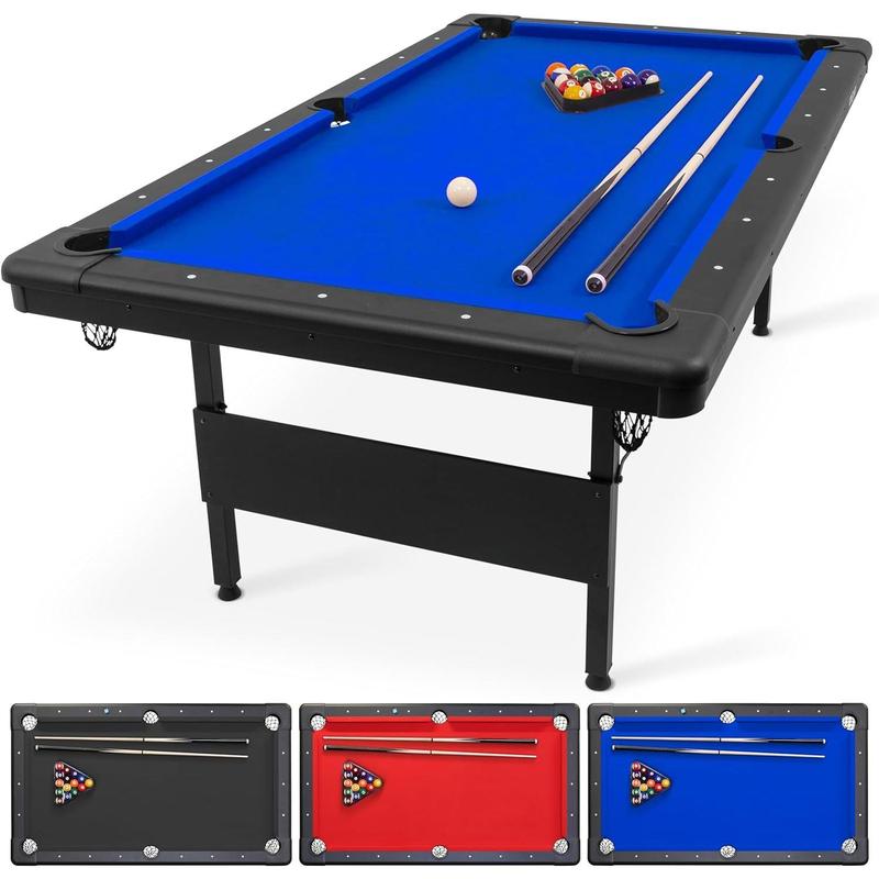 6, 7, or 8 ft Billiards Table - Portable Pool Table - includes Full Set of Balls, 2 Cue Sticks, Chalk and Felt Brush; Choose Size and Color