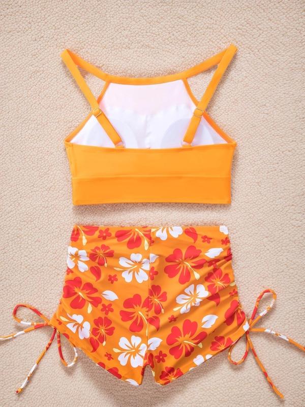 Women's Floral Print High Waist Tankini Set, Tankini Swimsuits Sets Bathing Suits for Women Summer Tummy Control Swimwear 2024, Sleeveless Crop Swim Top & Drawstring Side Swim Shorts, Women's Swimwear for Summer Beach Holiday