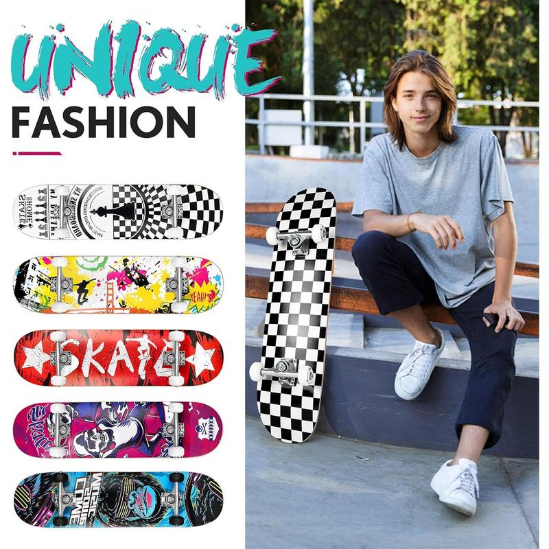 BELEEV Skateboards for Beginners, 31 x 8 inch Complete Skateboard for Kids Teens Adults, 7 Layer Canadian Maple Double Kick Deck Concave Cruiser Trick Skateboard with Multifunction Skate T-Tool