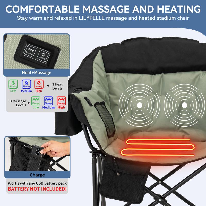 MOPHOTO Heated Camping Chairs,Outdoor Massage Heated Chair with 3 Heat Levels,Oversized Padded Lounge Chair with Carry Bag & Cooler,Portable Folding Lawn Chair