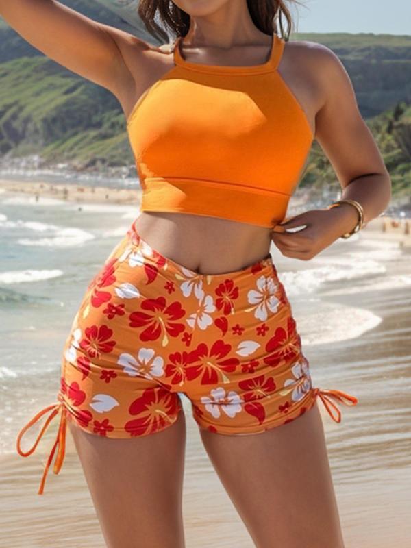 Women's Floral Print High Waist Tankini Set, Tankini Swimsuits Sets Bathing Suits for Women Summer Tummy Control Swimwear 2024, Sleeveless Crop Swim Top & Drawstring Side Swim Shorts, Women's Swimwear for Summer Beach Holiday