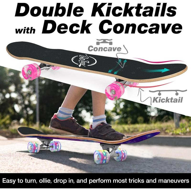 BELEEV Skateboards for Beginners, 31 x 8 inch Complete Skateboard for Kids Teens Adults, 7 Layer Canadian Maple Double Kick Deck Concave Cruiser Trick Skateboard with Multifunction Skate T-Tool