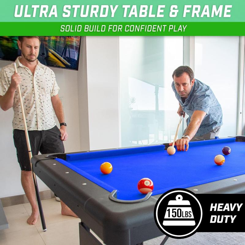 6, 7, or 8 ft Billiards Table - Portable Pool Table - includes Full Set of Balls, 2 Cue Sticks, Chalk and Felt Brush; Choose Size and Color