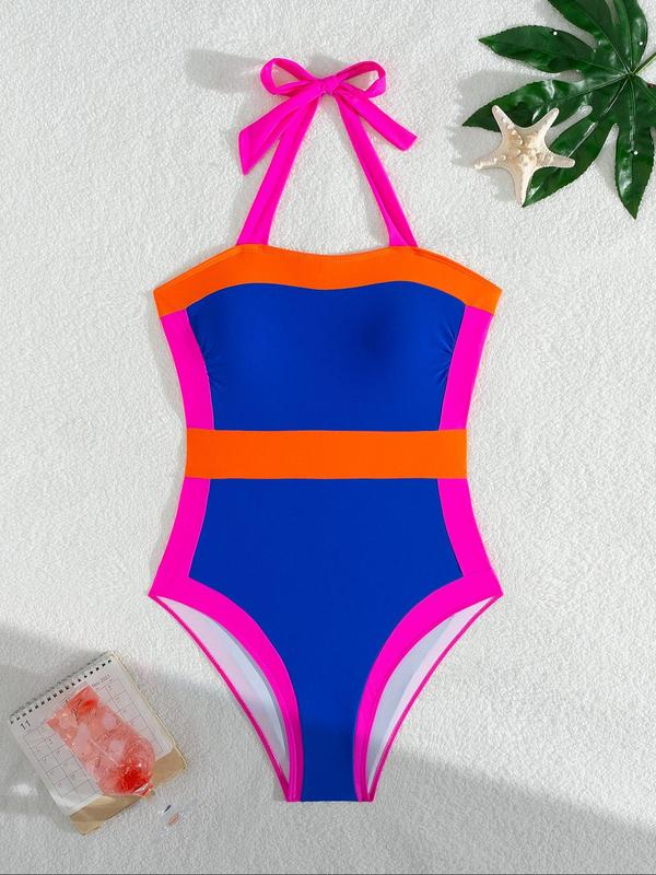 Women's Colorblock Patchwork Halter Neck One-piece Swimsuit, Casual Tie Back Sleeveless Swimwear for Beach Holiday Vacation, Ladies Swimsuit for All Seasons