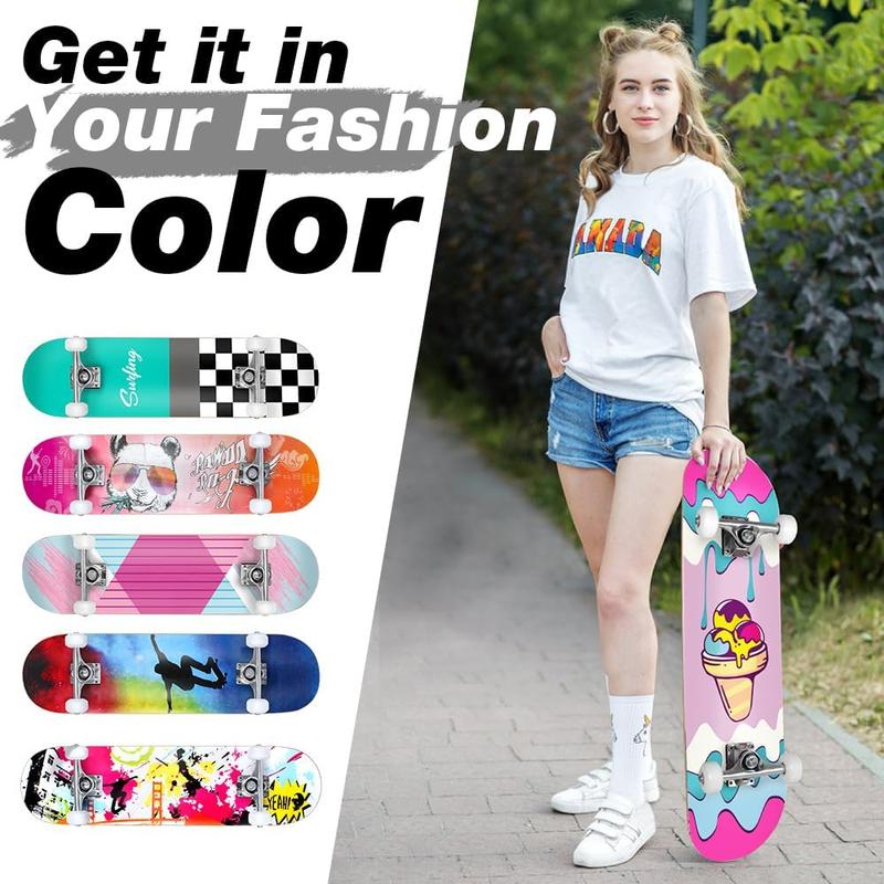 BELEEV Skateboards for Beginners, 31 x 8 inch Complete Skateboard for Kids Teens Adults, 7 Layer Canadian Maple Double Kick Deck Concave Cruiser Trick Skateboard with Multifunction Skate T-Tool