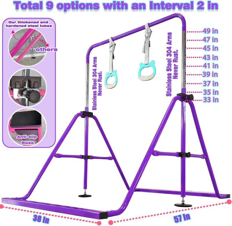 Folding Gymnastics Bar with Rings, Foldable Kip Bar with Sturdier Base, Gymnasitc  Bar for  Ages 3-10, Gymnastic Horizontal Bars, Home Gym Equipment for Boys Girls