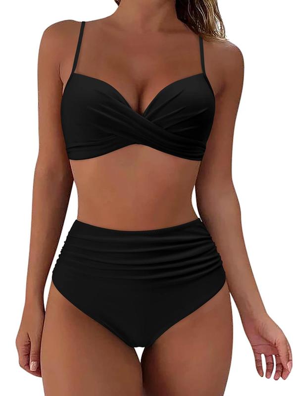 Women's Plain Ruched Backless Bikini Set, Casual Wrap Sweetheart Neck Swim Bra & High Waist Swim Panty, Ladies Summer Swimsuit for Beach Holiday