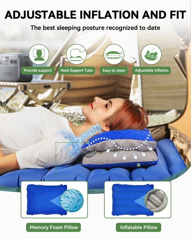 Inflatable Camping Pillow with Memory Foam and Washable Cover Camping Gear and Travel Pillow for Airplanes, Camping