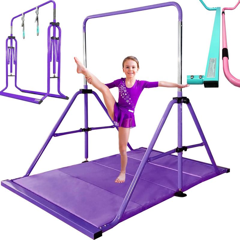 Folding Gymnastics Bar with Rings, Foldable Kip Bar with Sturdier Base, Gymnasitc  Bar for  Ages 3-10, Gymnastic Horizontal Bars, Home Gym Equipment for Boys Girls