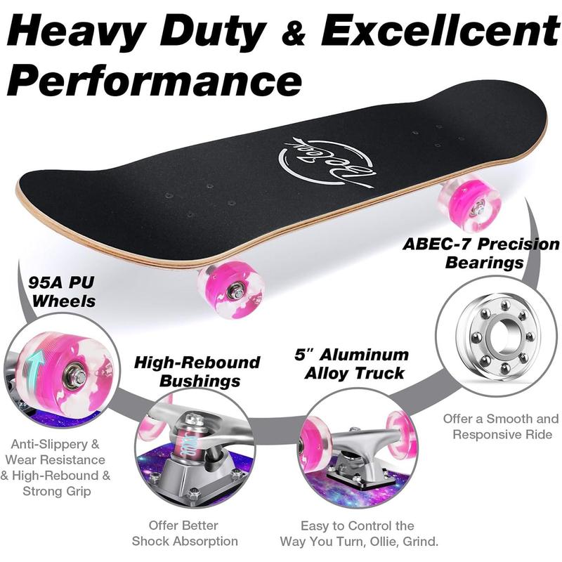 BELEEV Skateboards for Beginners, 31 x 8 inch Complete Skateboard for Kids Teens Adults, 7 Layer Canadian Maple Double Kick Deck Concave Cruiser Trick Skateboard with Multifunction Skate T-Tool