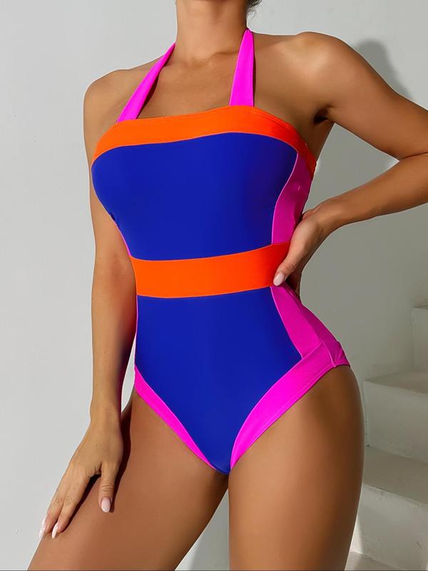 Women's Colorblock Patchwork Halter Neck One-piece Swimsuit, Casual Tie Back Sleeveless Swimwear for Beach Holiday Vacation, Ladies Swimsuit for All Seasons