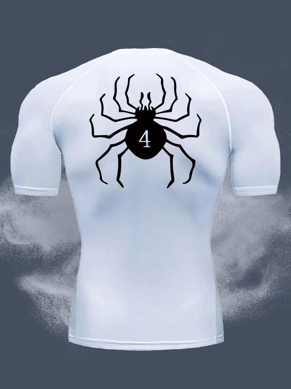 Men's Spider & Number Print Round Neck Sports Tee, Regular Fit Casual Breathable Short Sleeve T-shirt, Mens Clothing for Gym Workout Running