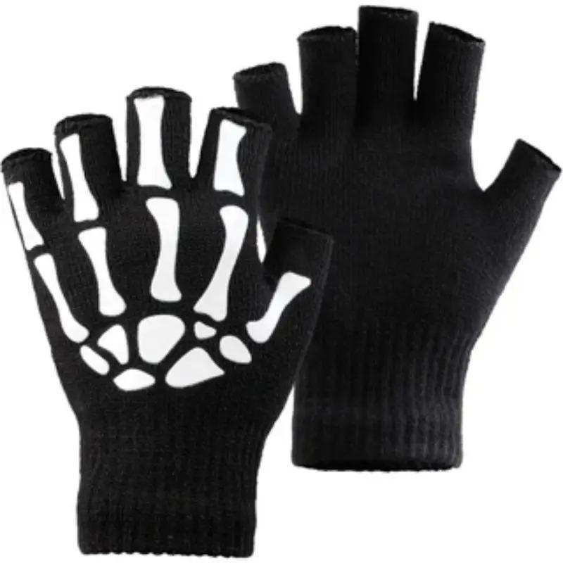 Skeleton Pattern Hand Gloves, 1 Pair Half Finger Comfortable Gloves, Winter Warm Cycling Gloves, Sports Gloves for Men & Women