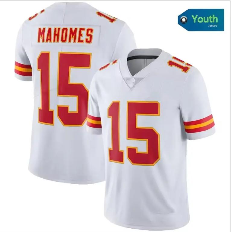 Junior Kids No. 15 Patrick Mahomes High quality American red, black and white stitched soccer jersey