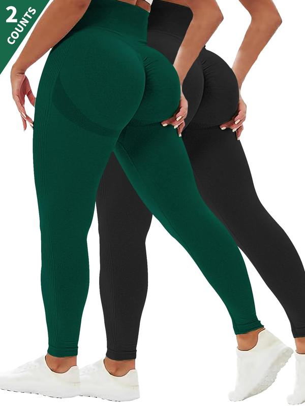 Plus Size Solid Ruched Sports Leggings, High Stretch Yoga Leggings, Ladies Sportswear for Indoor Outdoor Wear