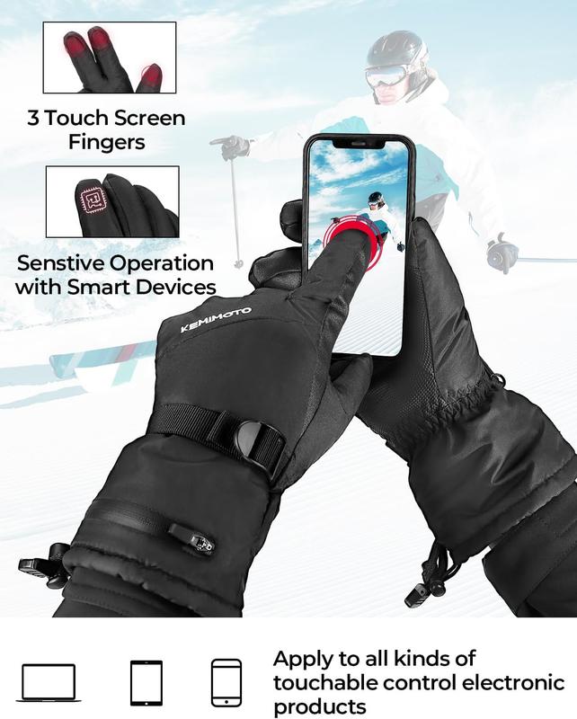 KEMIMOTO Ski Gloves Men with Touchscreen, Mens Warm Gloves Snowmobile Snowboarding Gloves with Zipper Pocket, Winter Safety Skiing Gloves for Cold Weather