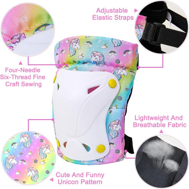 Kids Bike Helmet Knee and Elbow Pads Wrist Guards with DIY Sticker Unicorn Adjustable Protective Gear Set for Boys Girls Skateboard Inline Skating Scooter, 3-5-8 Years