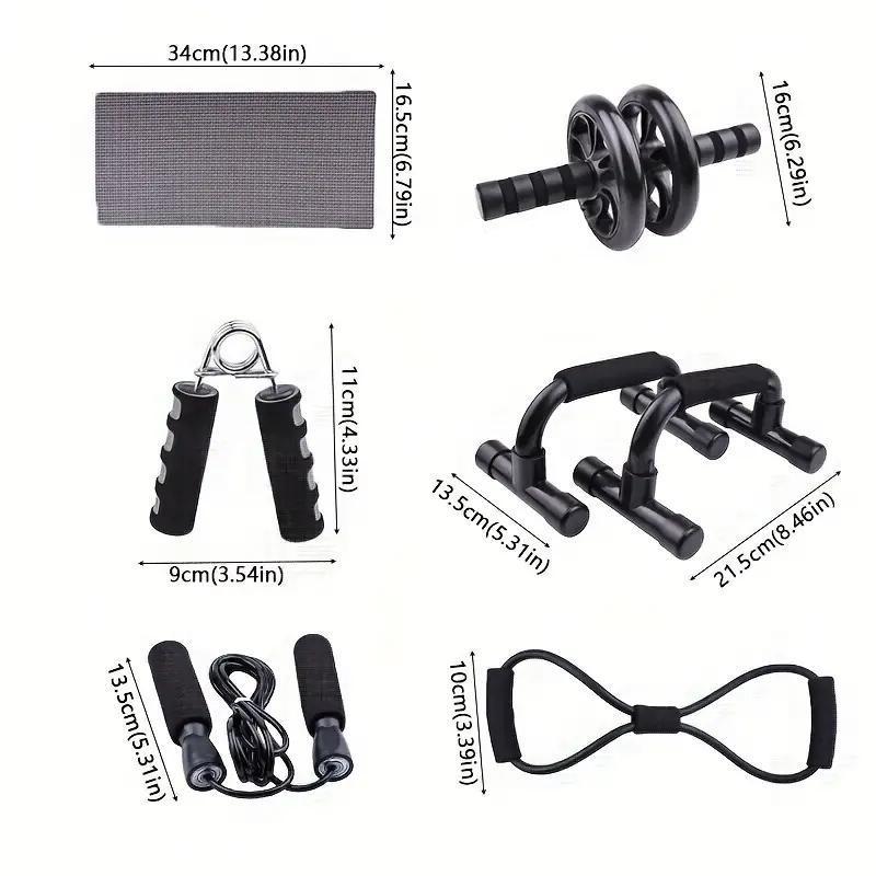 Fitness Tools, 7 Counts Portable Fitness Equipment, Including Jump Rope, Push-up Bars, Abdominal Wheel, Tension Band, Mat & Hand Grip Strengthener