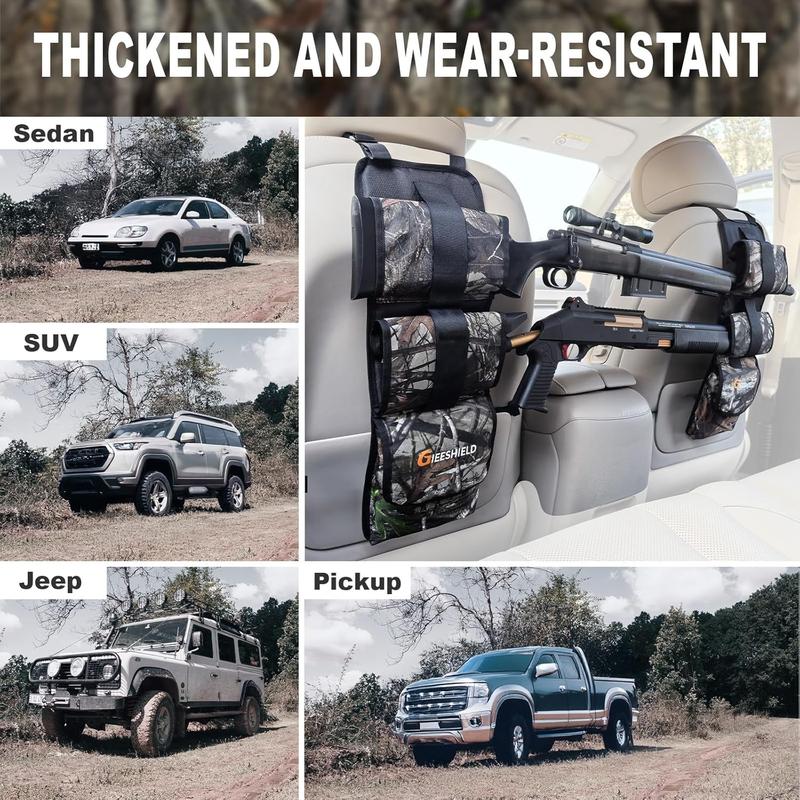 Gun Rack（Set of 2）, Seat Back Gun Rack with Adjustable Straps, 600D Oxford Cloth, Universal Rifle Holder, PVC Coated, Secure Storage Pockets for Hunting Gear, Easy to Install Vehicle Gun Rack