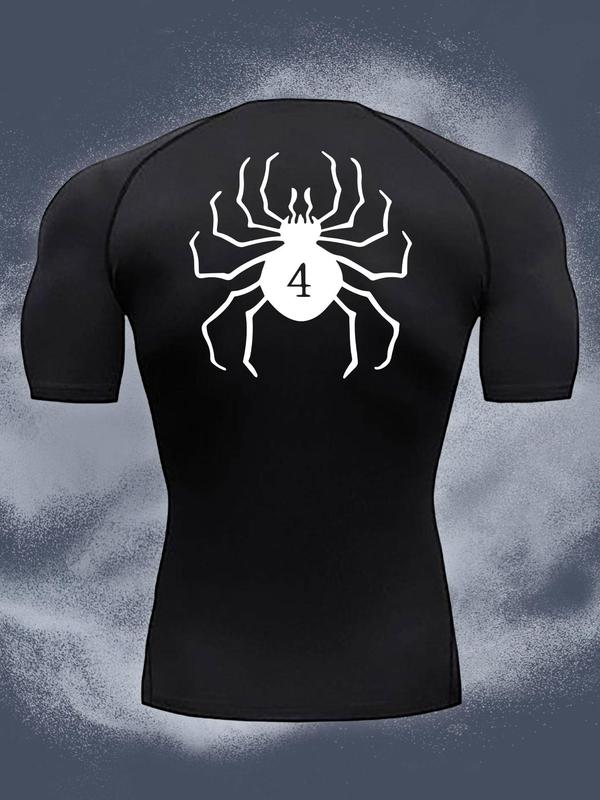 Men's Spider & Number Print Round Neck Sports Tee, Regular Fit Casual Breathable Short Sleeve T-shirt, Mens Clothing for Gym Workout Running