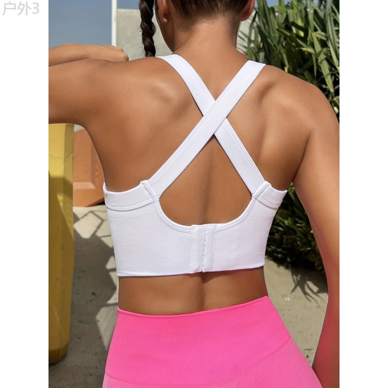 Sexy Backless Cross Strap Sports Bra, Workout Solid Color Training Bra, Women's Activewear