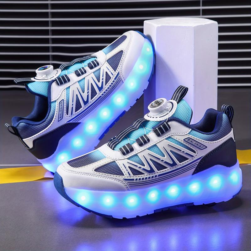 Trendy Cool Low Top Roller Skateboard Shoes With Rechargeable LED Light & Rotating Button For Boys Girls, Breathable Lightweight Wear-resistant Removable Roller Skates For Indoor Outdoor Party, All Seasons