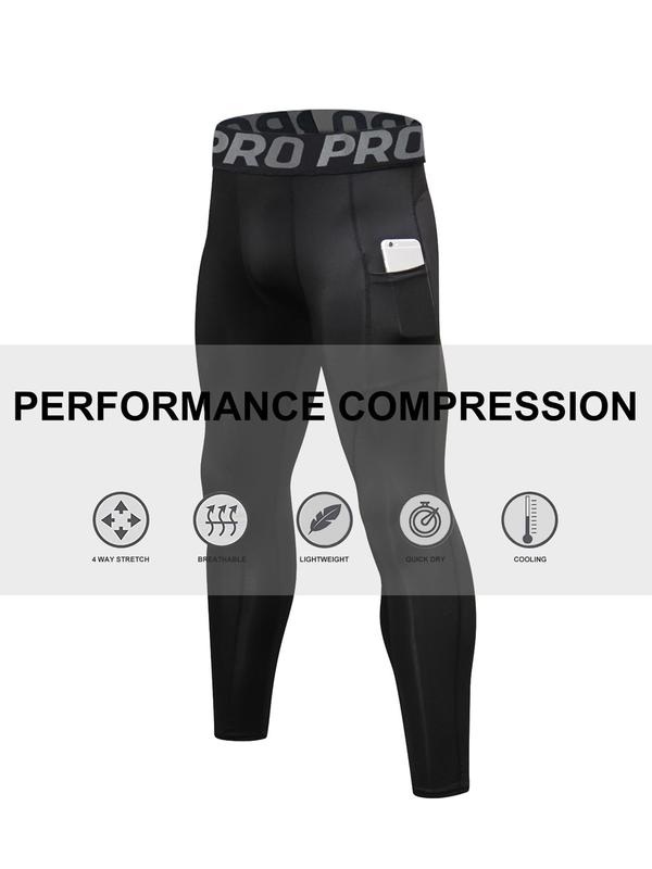 Men's Letter Tape Pocket Sports Leggings, Sporty Compression Pants for Running Jogging Basketball, Sport & Outdoor Clothing for Spring & Fall