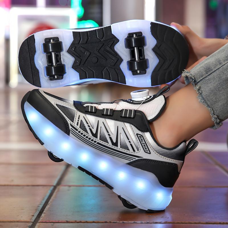 Trendy Cool Low Top Roller Skateboard Shoes With Rechargeable LED Light & Rotating Button For Boys Girls, Breathable Lightweight Wear-resistant Removable Roller Skates For Indoor Outdoor Party, All Seasons