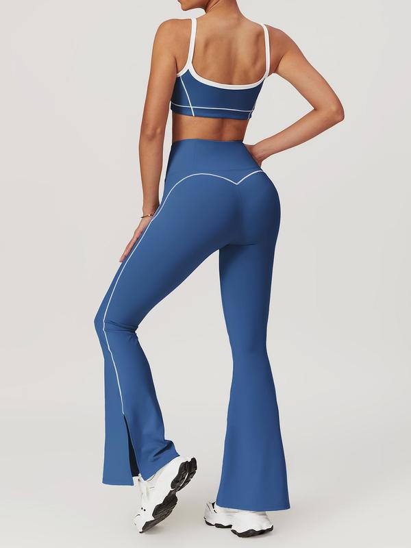 Women's Contrast Binding Crop Cami Top & Split Hem Flare Leg Leggings Tracksuit Set, Sporty Casual Breathable Comfy Outfits for Yoga Gym Workout Running, Ladies Sportswear for All Seasons