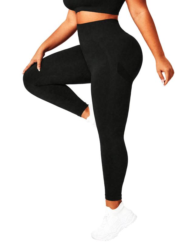 Plus Size Solid Ruched Sports Leggings, High Stretch Yoga Leggings, Ladies Sportswear for Indoor Outdoor Wear