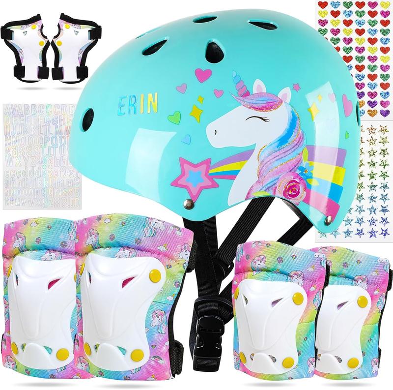 Kids Bike Helmet Knee and Elbow Pads Wrist Guards with DIY Sticker Unicorn Adjustable Protective Gear Set for Boys Girls Skateboard Inline Skating Scooter, 3-5-8 Years