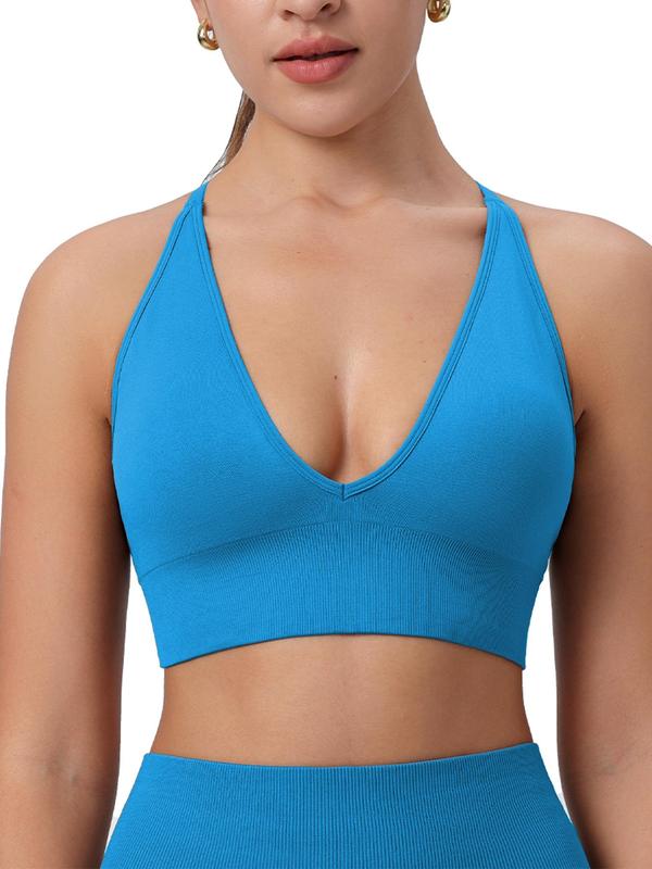 Women's Criss Cross Backless Deep V Neck Sports Bra, Solid Adjustable Strap Removable Padded Sports Bra, Gym Clothes, Ladies Sportswear for Indoor Outdoor Wear