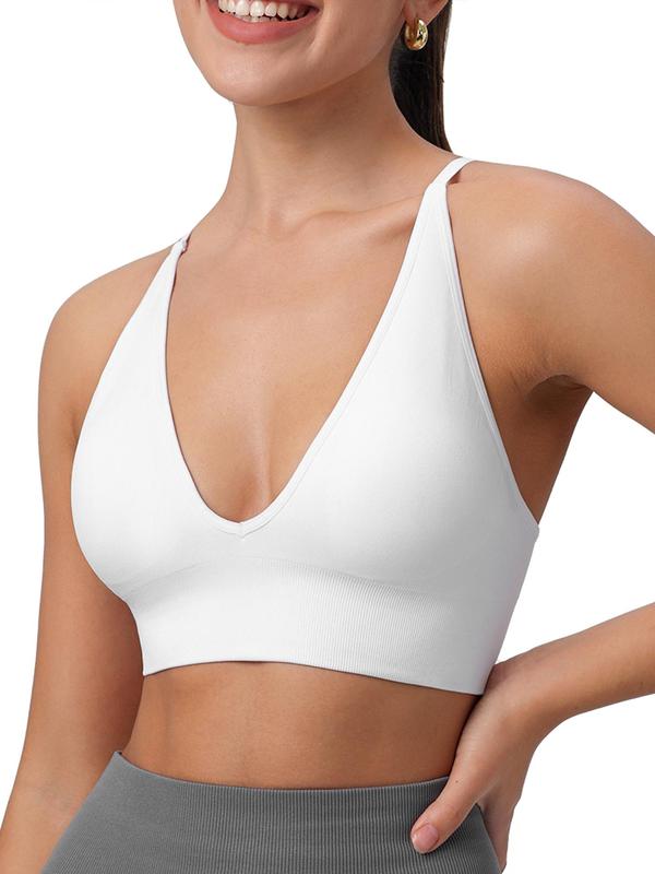 Women's Criss Cross Backless Deep V Neck Sports Bra, Solid Adjustable Strap Removable Padded Sports Bra, Gym Clothes, Ladies Sportswear for Indoor Outdoor Wear