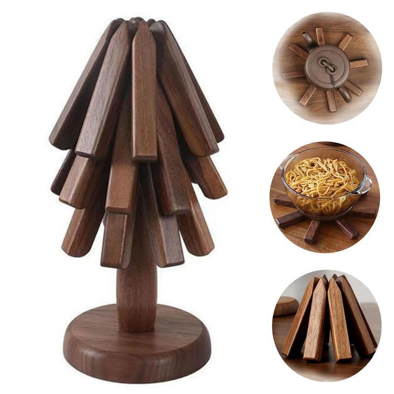 Wooden Trivets for Hot Dishes, Non-Slip HeatResistant Hot Pads for Pots, Pans ,Bowls andTeapots,Natural Foldable TreeCoasters,Multipurpose Decorative Christmas TreeShape Trivet Mats Set-3 Durable Wooden TrivetPotholder +1 Stand, Modern Kitchen Gifts