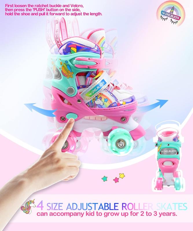 Rainbow Unicorn Kids Roller Skates for Girls Boys Toddler Ages 3-6,4-Pejiijar Adjustable Roller Shoes with Luminous Wheels for Birthday Xmas Gifts roller skate