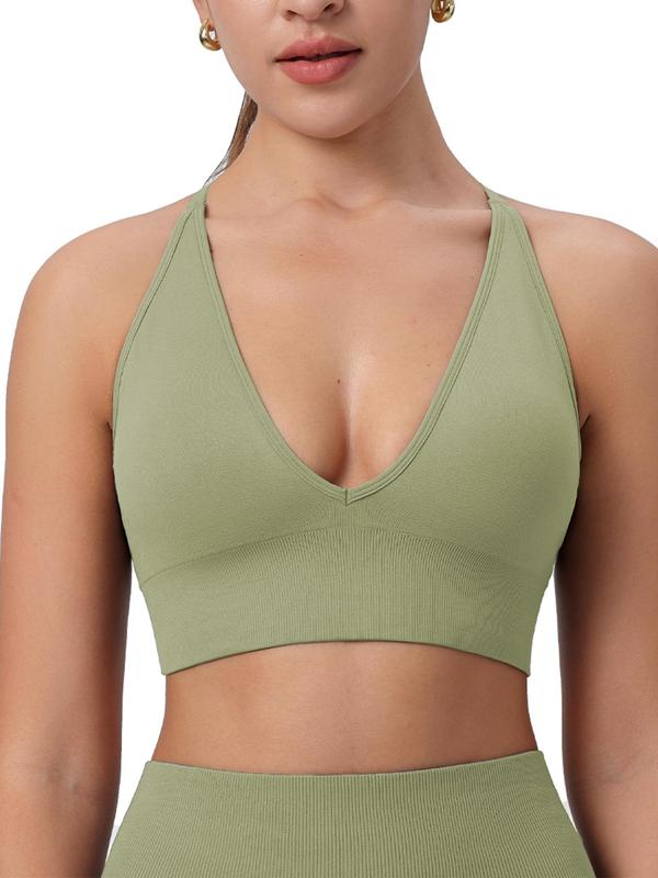 Women's Criss Cross Backless Deep V Neck Sports Bra, Solid Adjustable Strap Removable Padded Sports Bra, Gym Clothes, Ladies Sportswear for Indoor Outdoor Wear