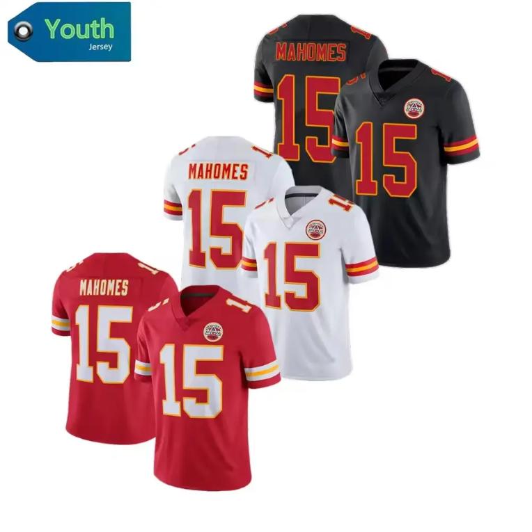 Junior Kids No. 15  Patrick Mahomes High quality American red, black and white stitched soccer jersey