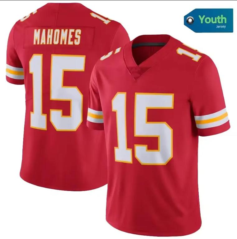 Junior Kids No. 15  Patrick Mahomes High quality American red, black and white stitched soccer jersey