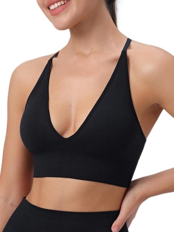 Women's Criss Cross Backless Deep V Neck Sports Bra, Solid Adjustable Strap Removable Padded Sports Bra, Gym Clothes, Ladies Sportswear for Indoor Outdoor Wear