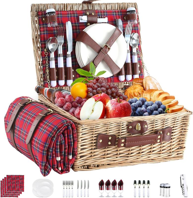 Picnic Basket Set for 4 with Waterproof Picnic Blanket and Insulated Cooler, Large Wicker Picnic Hamper for Christmas, Camping, Outdoor, Valentine's Day, Birthday, Wedding Gift