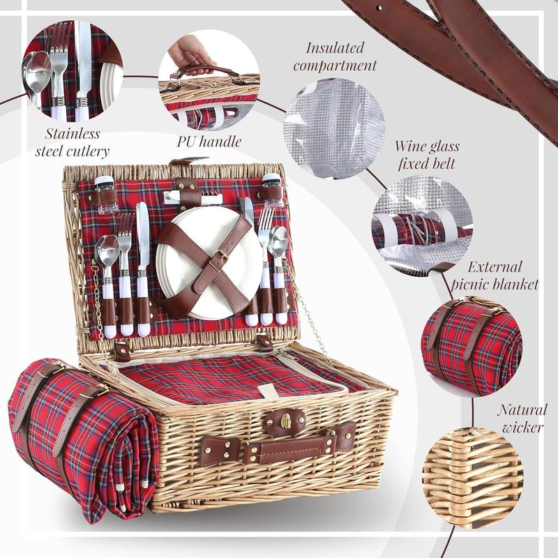 Picnic Basket Set for 4 with Waterproof Picnic Blanket and Insulated Cooler, Large Wicker Picnic Hamper for Christmas, Camping, Outdoor, Valentine's Day, Birthday, Wedding Gift