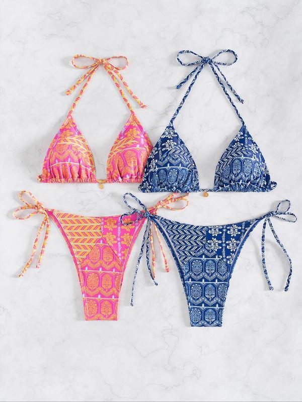 Women's Ethnic Pattern Bikini Set, Swimsuit for Women, Boho Fashion Tie Back Halter Neck Padded Triangle Swim Top & High Cut Tie Side Swim Bottom, Summer Outfits, Ladies Holiday Outfits 2024