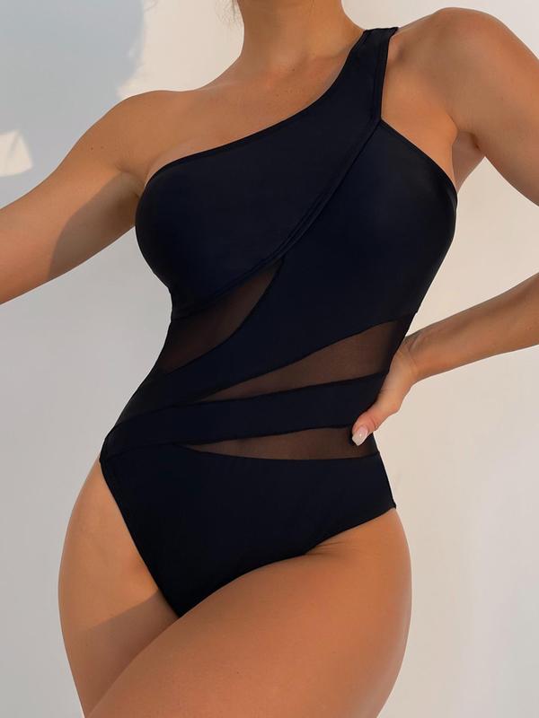 Women's Contrast Mesh One Shoulder One-piece Swimsuit, Solid Backless Asymmetrical Neck Sheer Swimwear for Beach Holiday Vacation, Ladies Summer Clothes