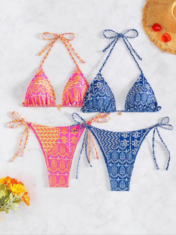 Women's Ethnic Pattern Bikini Set, Swimsuit for Women, Boho Fashion Tie Back Halter Neck Padded Triangle Swim Top & High Cut Tie Side Swim Bottom, Summer Outfits, Ladies Holiday Outfits 2024