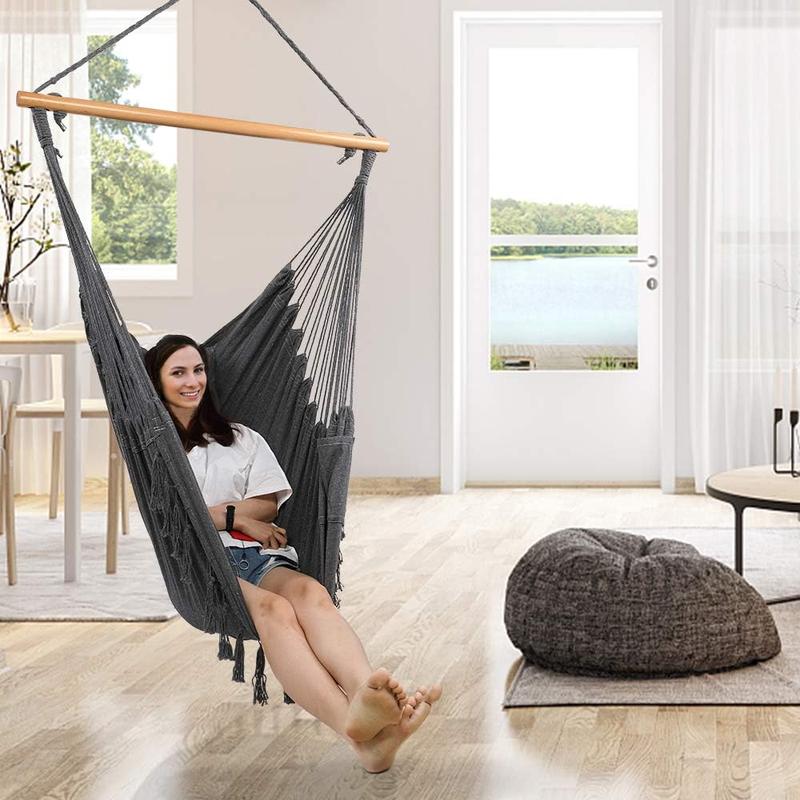 XXL Hammock Chair Macrame Hanging Rope Swing Seat w Side Pocket, Includes Drink Holder 2 Cushions Carry Bag All Hanging Hardware for Patio Bedrooms Indoor Outdoor (Grey)