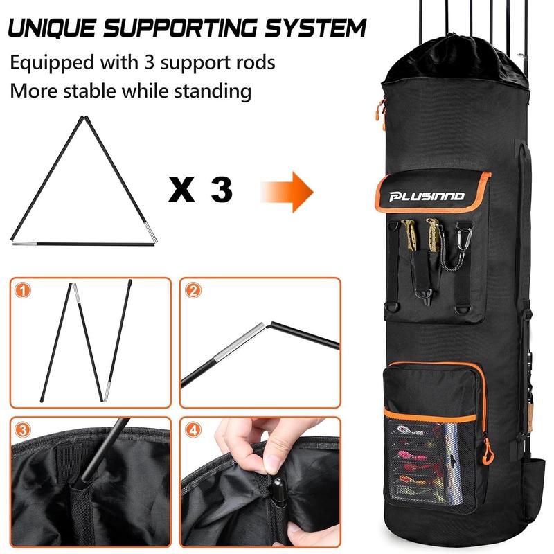 Fishing Backpack with Rod Holders, Large Storage Fishing Tackle Bag Holds 6 Rods & Reels, Foldable Fishing Rod Bag Case for Fishing Gear Equipment, Fishing Gifts for Men, Black