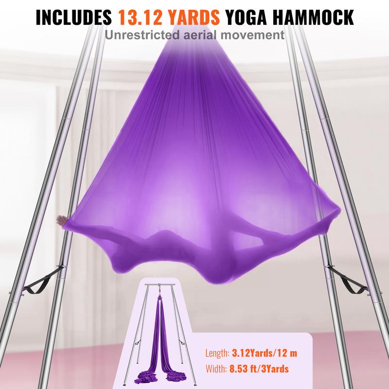 VEVOR Aerial Yoga Frame & Yoga Hammock, 9.67 ft Height Professional Yoga Swing Stand Comes with 13.1 Yards Aerial Hammock, Max 551.15 lbs Load Capacity Yoga Rig for Indoor Outdoor Aerial Yoga, Purple