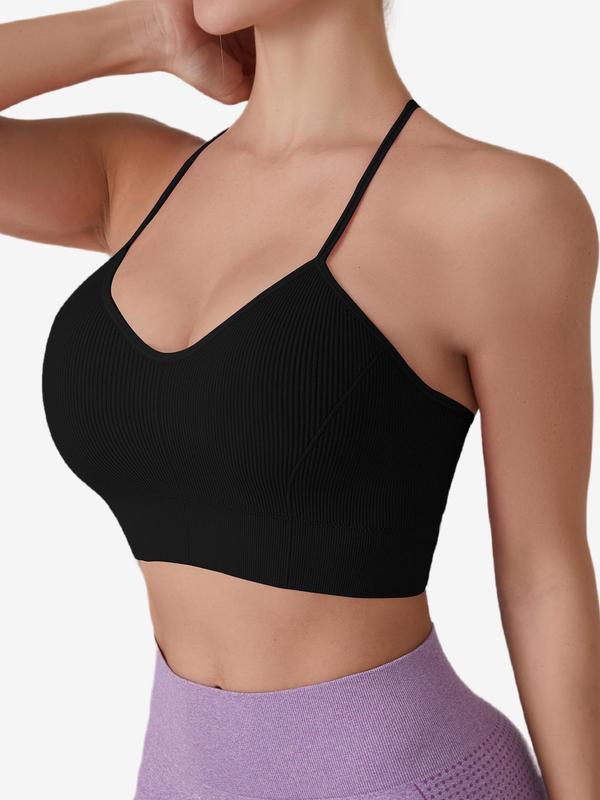 Women's Solid Criss Cross Backless Sports Bra, Breathable Comfortable Ribbed Wireless Sports Bralette, Ladies Sportswear for Indoor Outdoor Wear, Workout Sets for Women, Summer Outfits 2024, Gym Clothes, Bras for Women